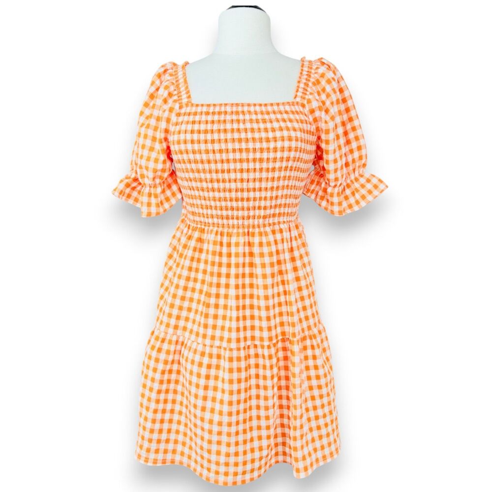 ZESICA Orange & White Gingham Smocked Puff Sleeve Midi Dress Cottage Romantic M